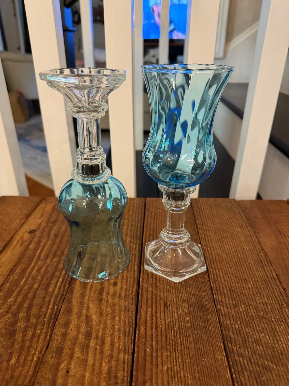 Pair of vintage HOMCO blue optic swirl votive holders with clear glass base